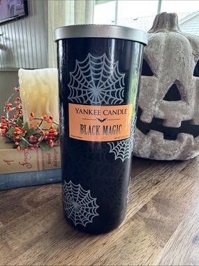 Yankee Candle Black Tumbler with Silver Spiderweb Accents and Orange Label